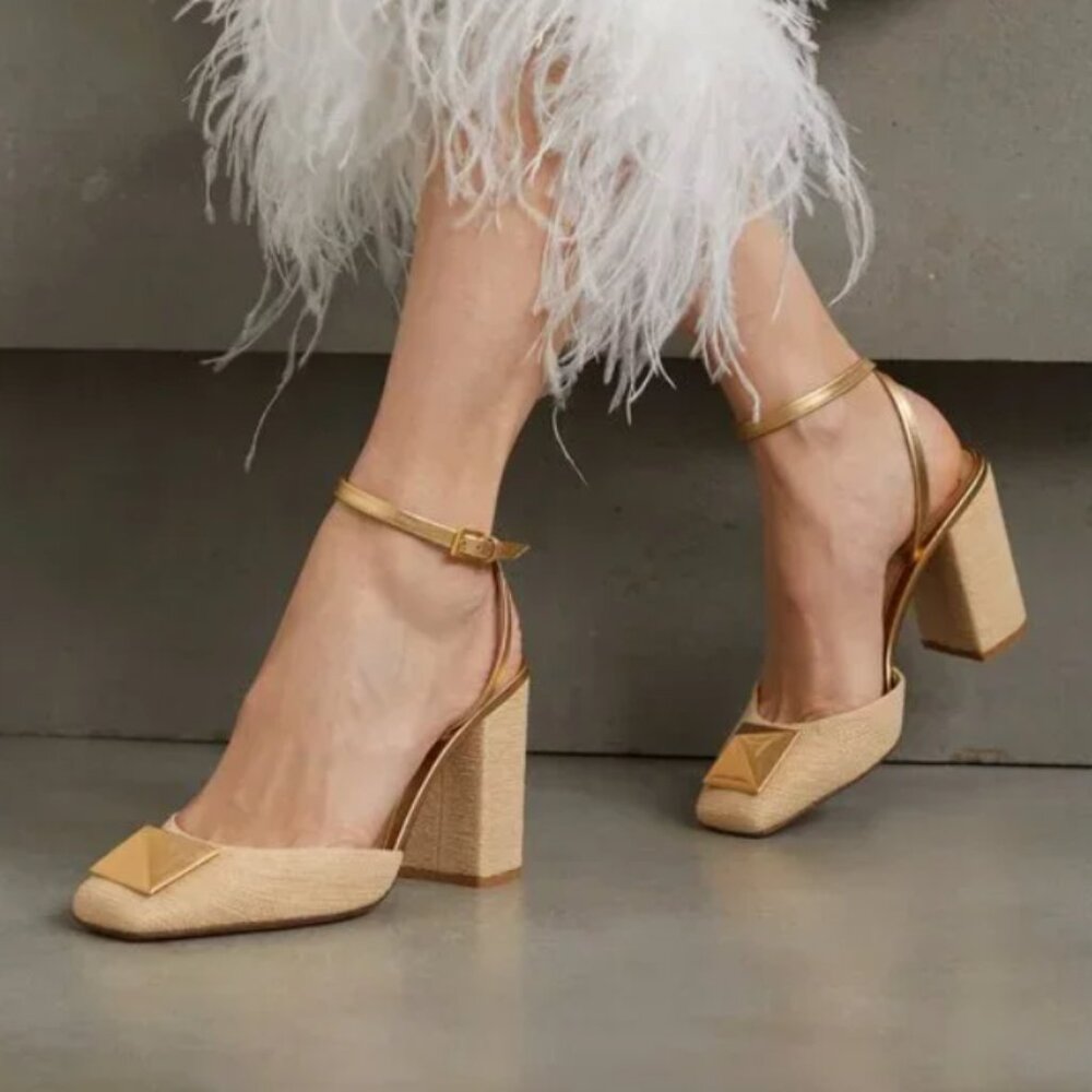Valentino Garavani Beige and Gold Ankle-Strap Block Heel Pumps